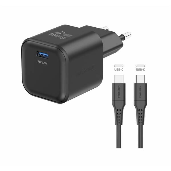 Nabíječka do sítě Swissten GaN 1x USB-C 20W PD +  kabel USB-C/USB-C 1,2 m černá barva

