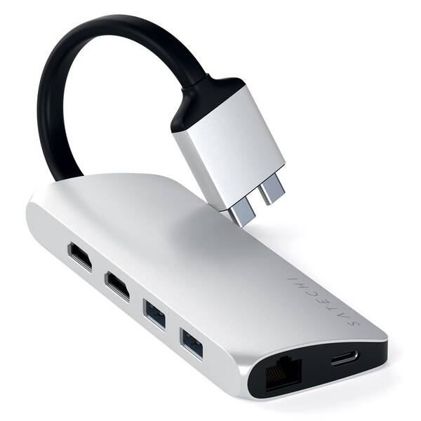 USB Hub Satechi USB-C Dual Multimedia Adapter (2x USB 3.0, 2x HDMI, USB-C, RJ45, Micro SD, SD) stříbrná barva
