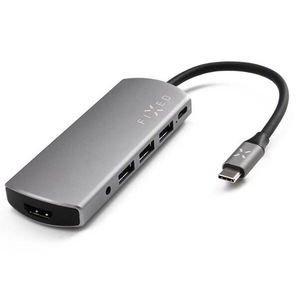 USB Hub FIXED Hliníkový HUB 6IN1 s rozhraním USB-C stříbrná barva
