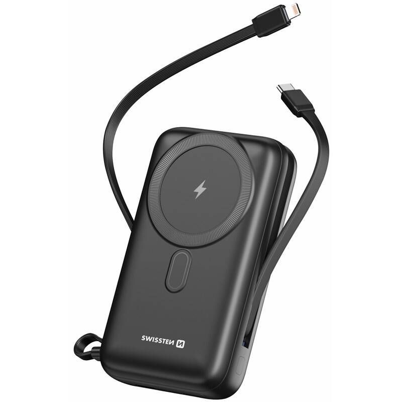Product detail of Swissten 20000 mAh, PD 20W s integrovanými kabely USB-C a Lightning, MagSafe (22013934) černá