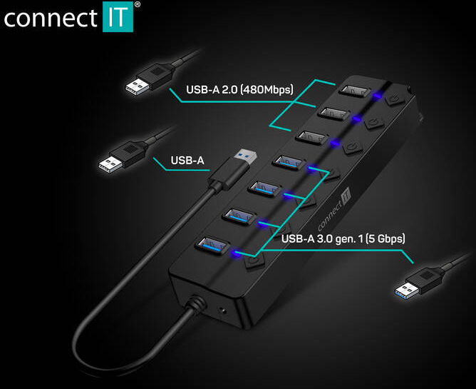 USB Hub Connect IT Mighty Switch 2, USB-A/ 4x USB-A 3.0, 3x USB-A 2.0 - černý