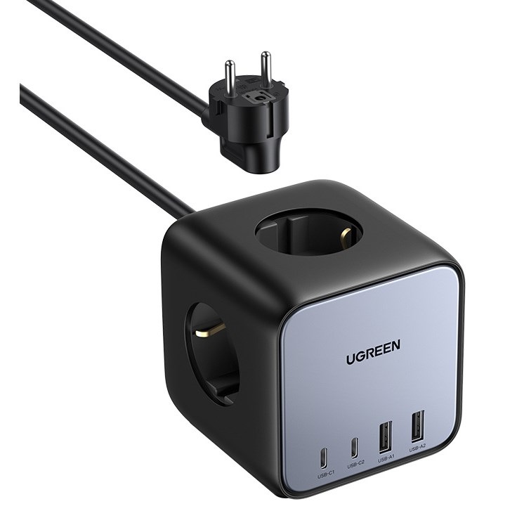 Kabel prodlužovací UGREEN DigiNest Cube, 2x USB, 2x USB-C, 3x zásuvka, 1,8m - černá