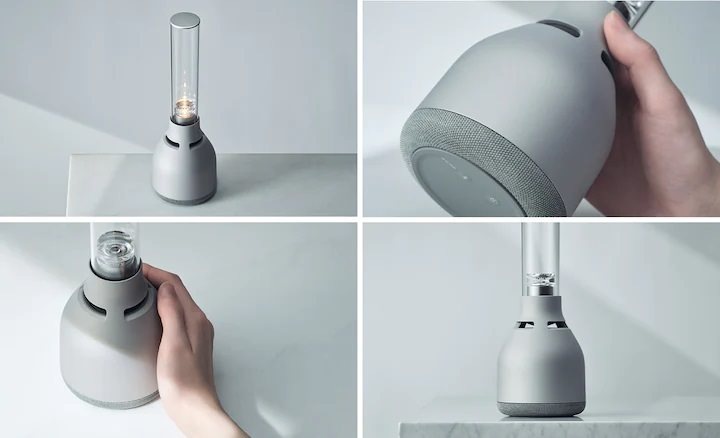 Čtyři pohledy na skleněný reproduktor Sony LSPX-S3 z různých úhlů.