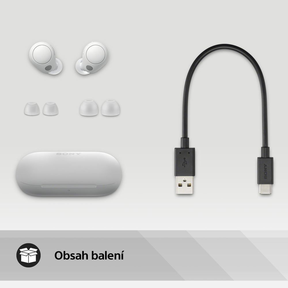 Obsah balení  Balení bezdrátových sluchátek Sony WF-C700N obsahuje dobíjecí pouzdro, hybridní silikonové koncovky sluchátek, kabel USB, referenční příručku a záruční kartu.  Sluchátka Sony WF-C700N, bílá, obsah balení 
