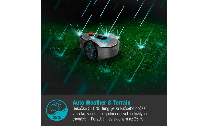 Robotická sekačka Gardena SILENO minimo 500 seče i v dešti a umyjete ji postříkáním zahradní hadicí.