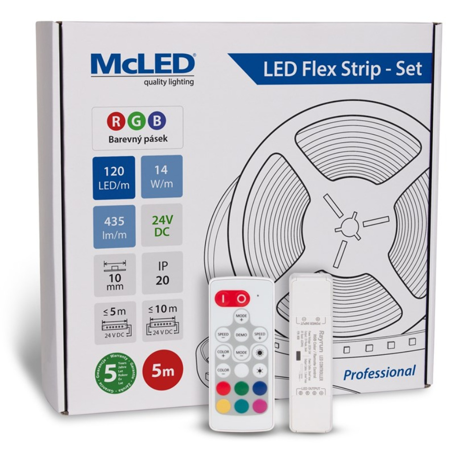 McLED s ovládáním Nano - sada 5 m - Professional, 120 LED/m, RGB, 435 lm/m, vodič 3 m (ML-128.003.90.S05004)