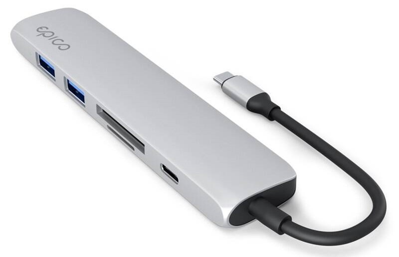 USB Hub Epico 6in1 Slim 8K USB-C/1× USB-C, HDMI, 3× USB 3.0 - stříbrný