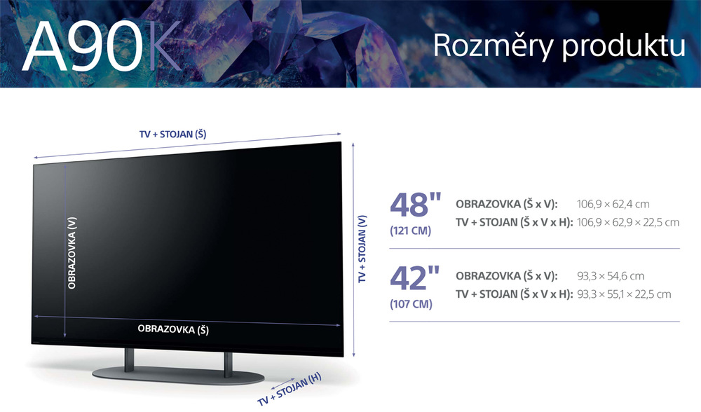 OLED Televize Sony XR-42A90K rozměry