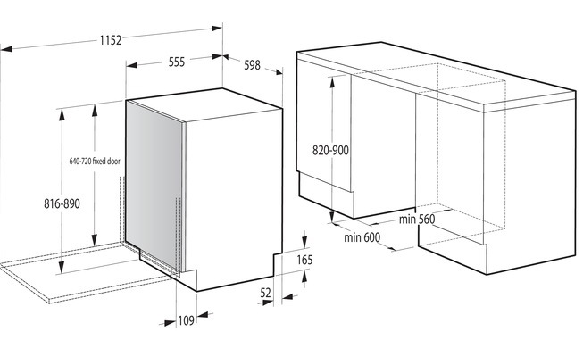 Vestavná myčka Gorenje GV673B65, rozměry pro zabudování