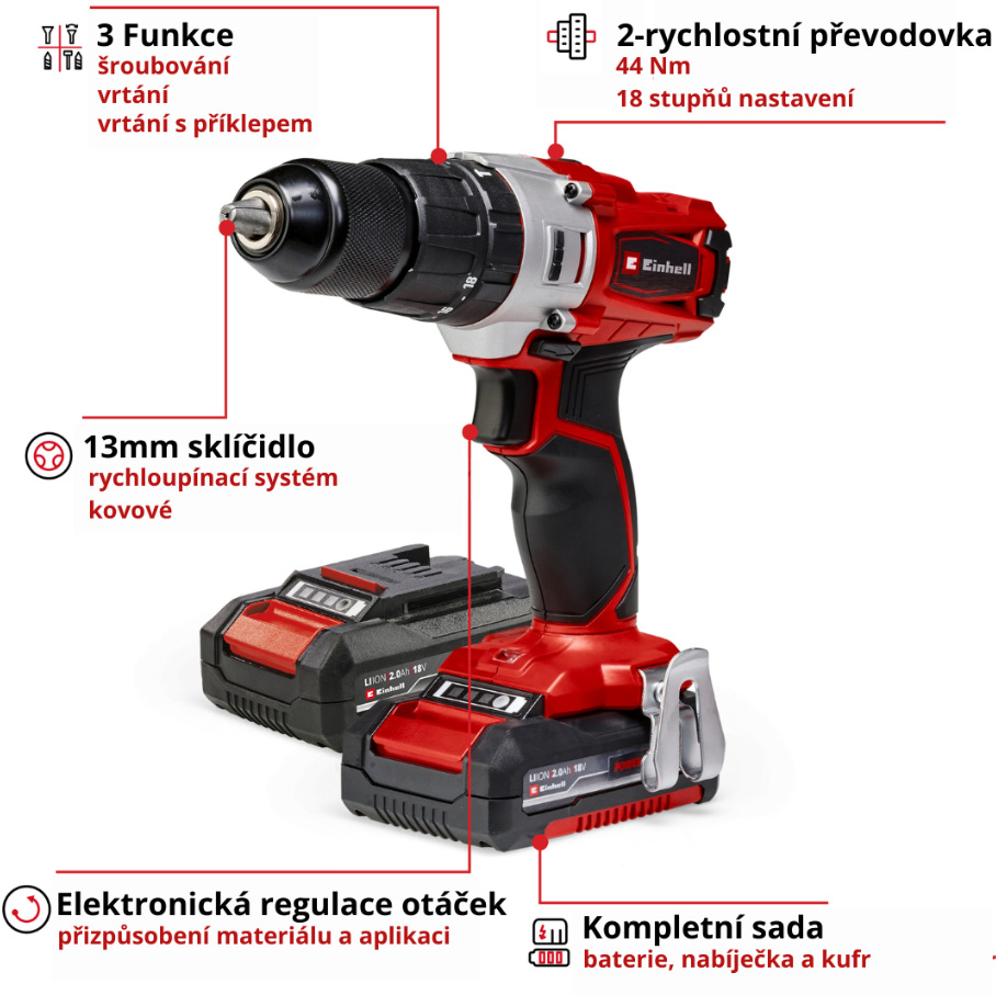 Aku vrtačka Einhell TE-CD 18/2 Li-i +64 (2x2,0Ah)