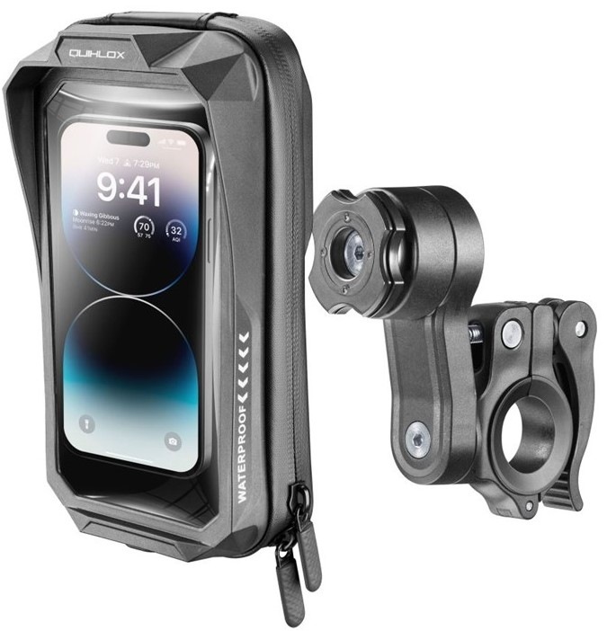 Držák na mobil Interphone QUIKLOX, univerzální voděodolné pouzdro na mobilní telefony Waterproof, max. 7" + úchyt na řídítka - černý
