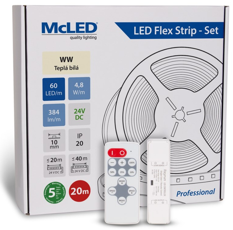 McLED s ovládáním Nano - sada 20 m - Professional, 60 LED/m, WW, 384 lm/m, vodič 3 m (ML-126.873.60.S20002)