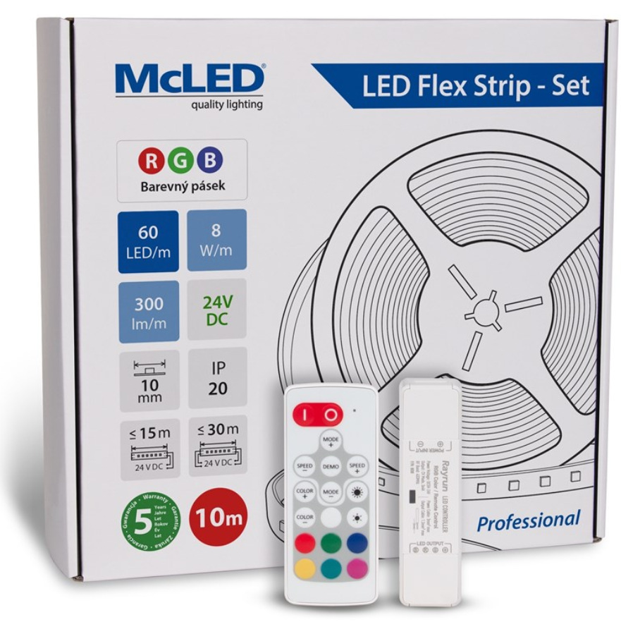 McLED s ovládáním Nano - sada 10 m - Professional, 60 LED/m, RGB, 300 lm/m, vodič 3 m (ML-128.005.90.S10004)