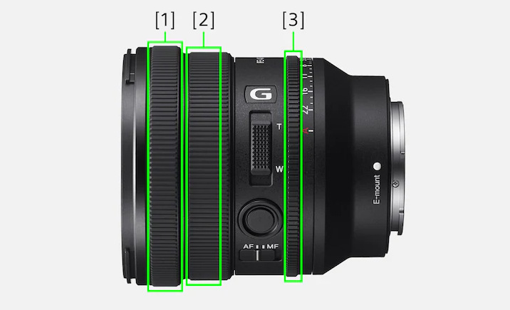 Produktový snímek zobrazující zaostřovací kroužek, kroužek pro ovládání zoomu a kroužek clony