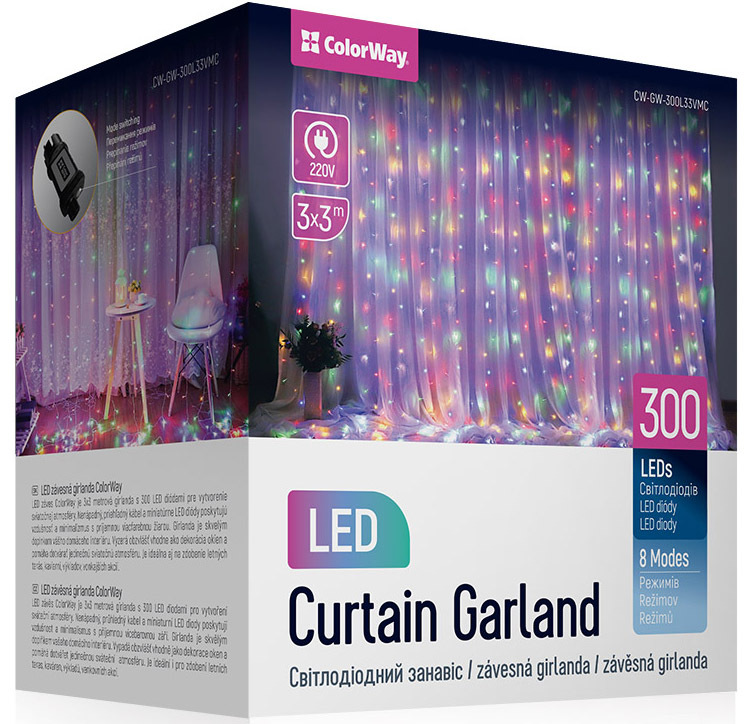 Vánoční osvětlení ColorWay vnitřní, 300 LED, 3× 3m, 220–240V AC, vícebarevné