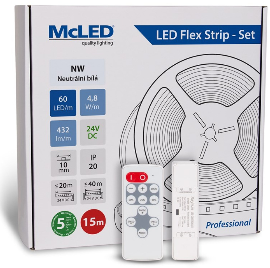 McLED s ovládáním Nano - sada 15 m - Professional, 60 LED/m, NW, 432 lm/m, vodič 3 m (ML-126.872.60.S15002)