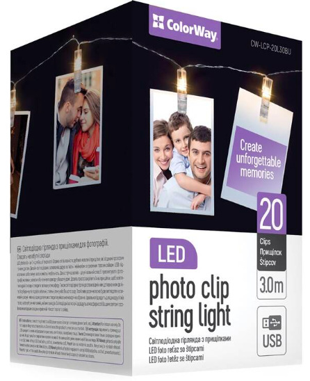 LED fotokolíčky ColorWay 20 kolíčků, délka 3m, USB, teplá bílá