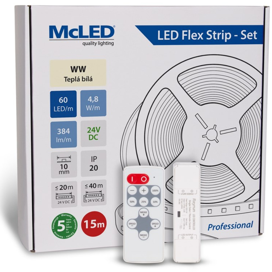 McLED s ovládáním Nano - sada 15 m - Professional, 60 LED/m, WW, 384 lm/m, vodič 3 m (ML-126.873.60.S15002)