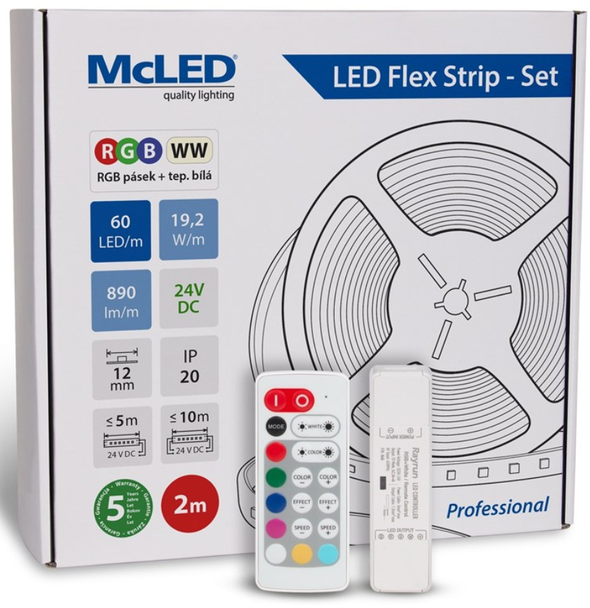 McLED s ovládáním Nano - sada 2 m - Professional, 60 LED/m, RGB+WW, 890 lm/m, vodič 3 m 
