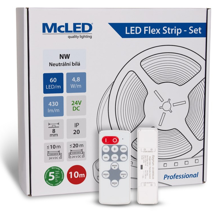 McLED s ovládáním Nano - sada 10 m - Professional, 60 LED/m, NW, 430 lm/m, vodič 3 m (ML-126.830.60.S10002)