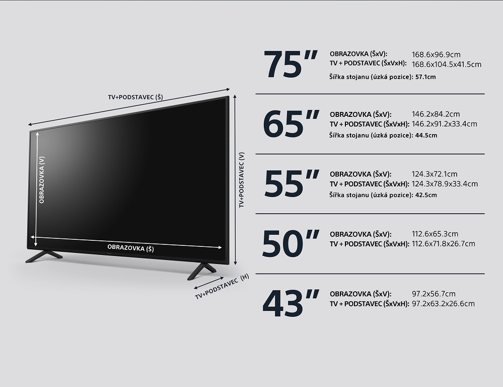 Televize Sony KD-55X75WL, rozměry jednotlivých modelů