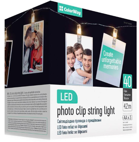 LED fotokolíčky ColorWay 40 kolíčků, délka 4,2m, 3x AA, teplá bílá
