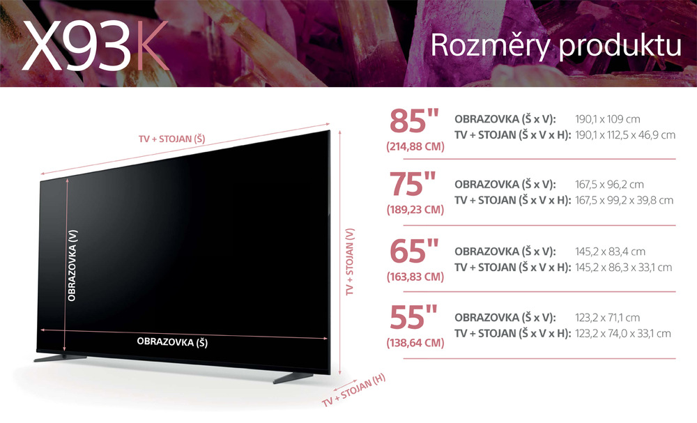 Televize Sony XR-55X93K rozměry