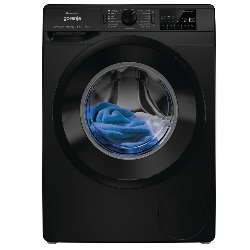 Pračka Gorenje WPNEI84A1SWB, černá, možnost přidat zapomenuté oblečení
