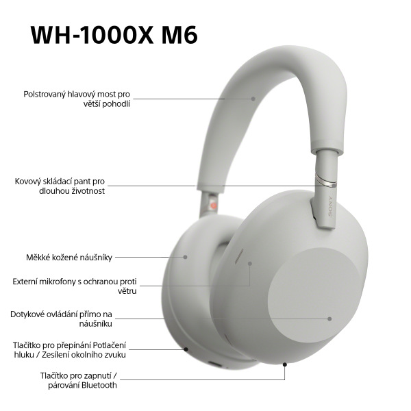 Sluchátka Sony WH-1000XM6, Noise Cancelling - stříbrná