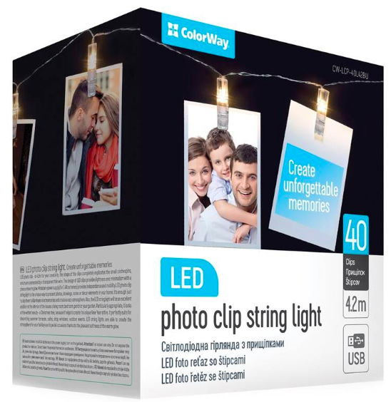 LED fotokolíčky ColorWay 40 kolíčků, délka 4,2m, USB, teplá bílá