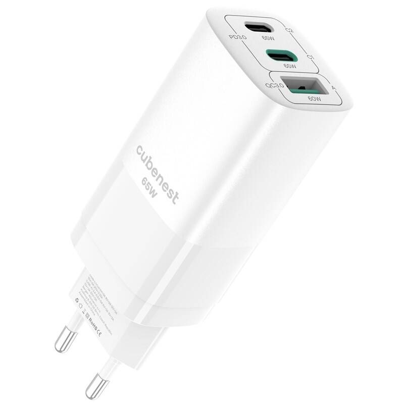 Nabíječka do sítě CubeNest S3D0 GaN, 1xUSB, 2xUSB-C PD, 65 W - bílá