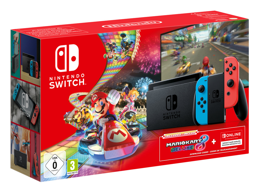 Nintendo Switch Neon OLED + Mario Kart 8 Deluxe + 3měsíční online členství, červená/modrá