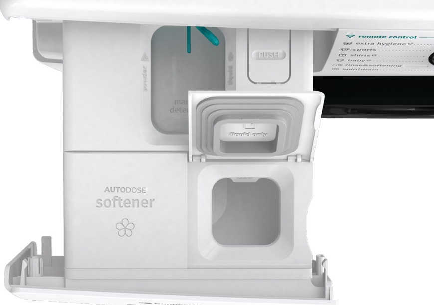 Pračka Gorenje WNA84AALWIFI, bílá, zásobník na prací prostředky