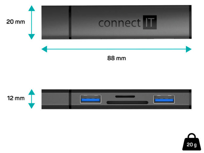 USB Hub Connect IT COMPACT 4v1 USB-A hub + čtečka karet, USB-A/ 2x USB-A 3.0, 1x SD, 1x MicroSD - antracitová