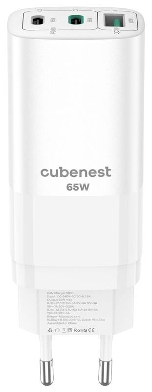 Nabíječka do sítě CubeNest S3D0 GaN, 1xUSB, 2xUSB-C PD, 65 W - bílá