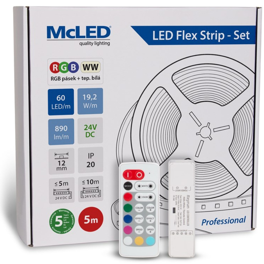 McLED s ovládáním Nano - sada 5 m - Professional, 60 LED/m, RGB+WW, 890 lm/m, vodič 3 m 
