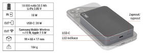 Powerbank EMOS WI 1046, 10 000 mAh, 20 W+Wireless šedá barva
