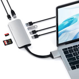 USB Hub Satechi USB-C Dual Multimedia Adapter (2x USB 3.0, 2x HDMI, USB-C, RJ45, Micro SD, SD) stříbrná barva
