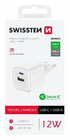 Nabíječka do sítě Swissten 12W 1x USB-C + 1x USB-A bílá barva
