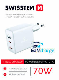 Nabíječka do sítě Swissten GaN 70W, 2x USB-C, 1x USB bílá barva
