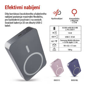 Powerbank EMOS WI 1046, 10 000 mAh, 20 W+Wireless šedá barva
