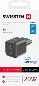 Nabíječka do sítě Swissten GaN, PD 2x USB-C 20W černá barva
