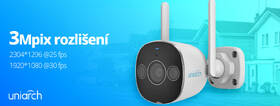 IP kamera Uniarch UHO-B2D-M3F3D, Bullet, 3Mpx, 1296p, 2,8mm, Wi-Fi, Mikrofon, IP67 bílá barva

