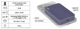 Powerbank EMOS WI 1046, 10 000 mAh, 20 W+Wireless modrá barva
