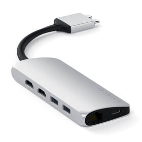 USB Hub Satechi USB-C Dual Multimedia Adapter (2x USB 3.0, 2x HDMI, USB-C, RJ45, Micro SD, SD) stříbrná barva
