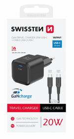 Nabíječka do sítě Swissten GaN 1x USB-C 20W PD +  kabel USB-C/USB-C 1,2 m černá barva
