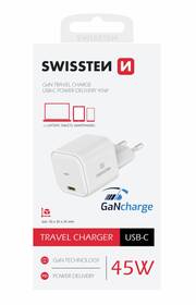 Nabíječka do sítě Swissten GaN, 1x USB-C, 45 W, PD bílá barva
