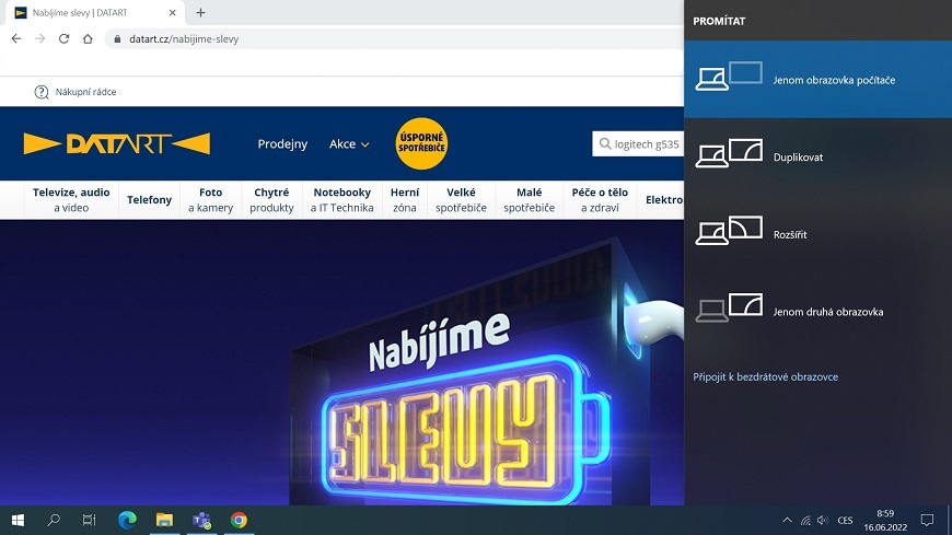 screenshot stránky DATARTu při nastavování promítání na televizi