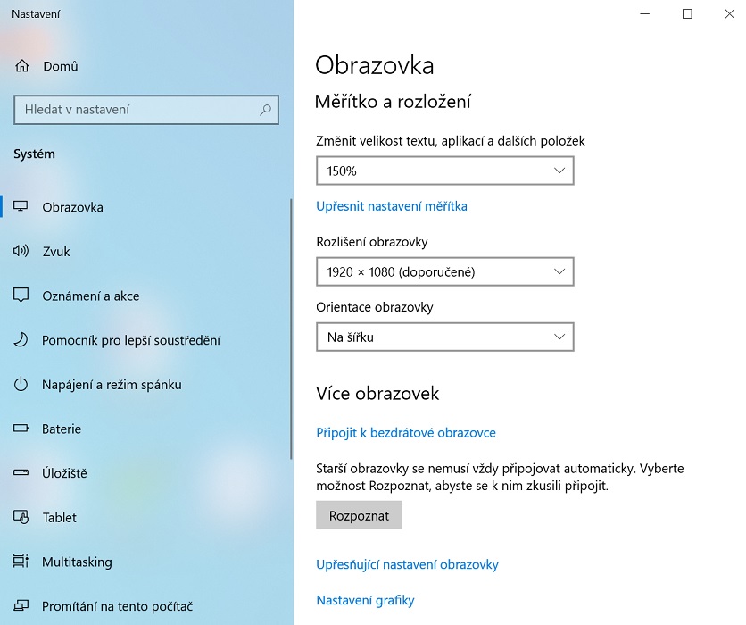 screenshot nastavení notebooku
