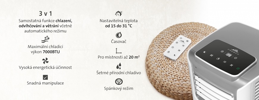 Bojujte s letními vedry s mobilními klimatizacemi ETA Přehled parametrů mobilní klimatizace ETA Fresco: funkce 3v1 (chlazení, odvlhčování, větrání), výkon 7000 BTU, pro místnosti do 20 m², nastavitelná teplota 15–31 °C, časovač, vysoká energetická účinnost, spánkový režim a dálkové ovládání